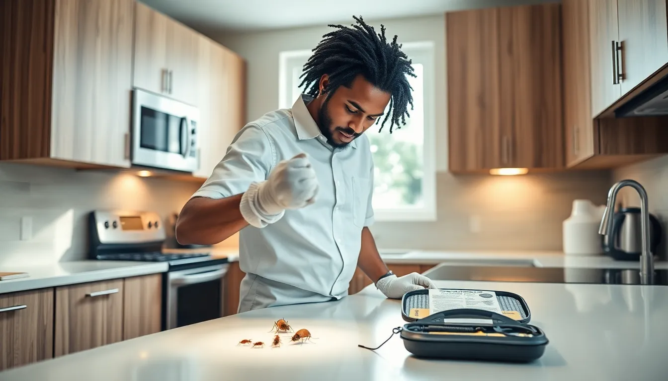 Pest control technician inspecting a kitchen for common pests.