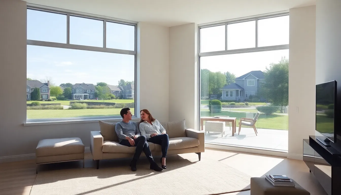 modern living room with smart glass windows transitioning between clear and opaque.