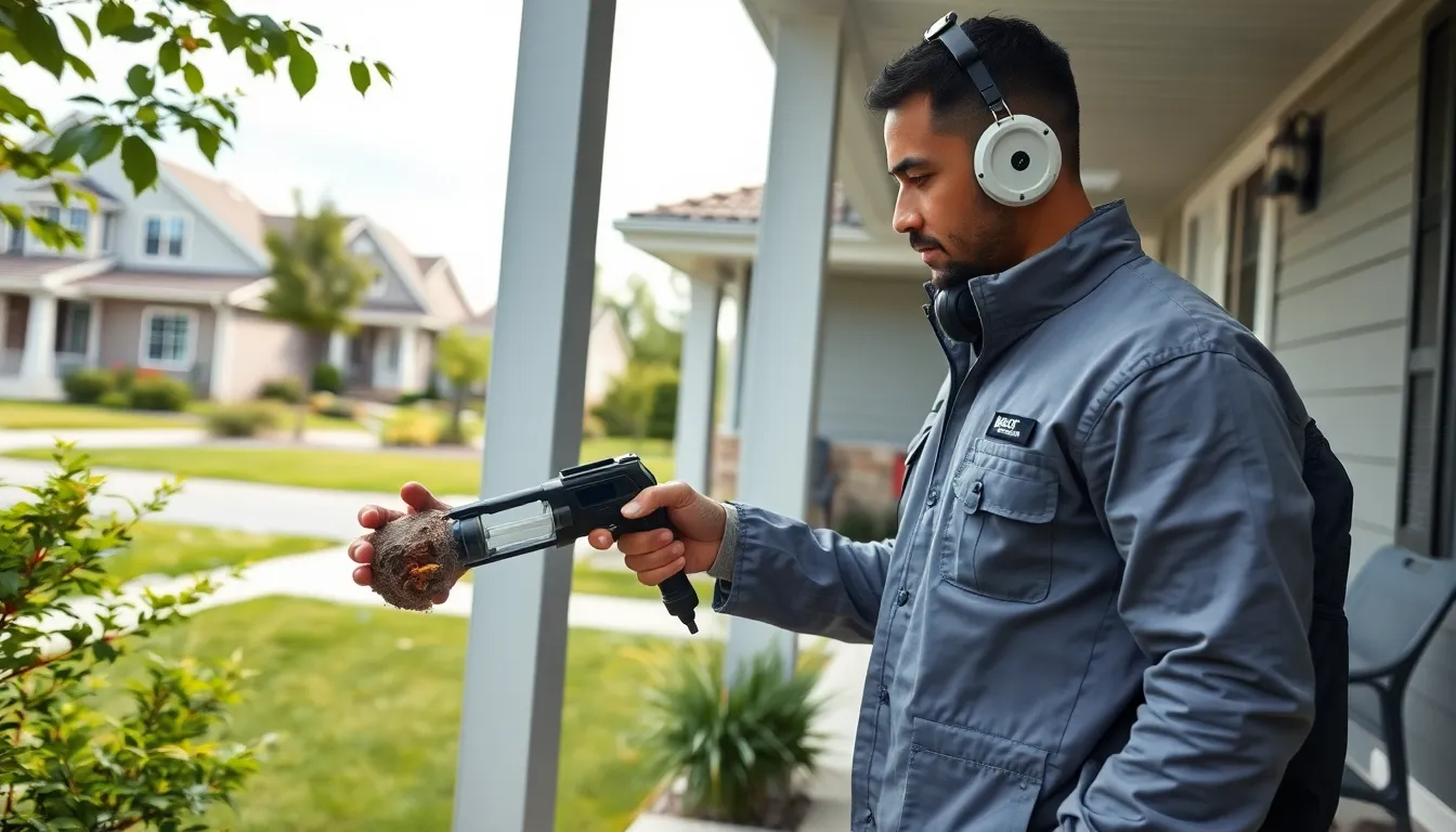 Pest control technician managing a wasp nest near a home.