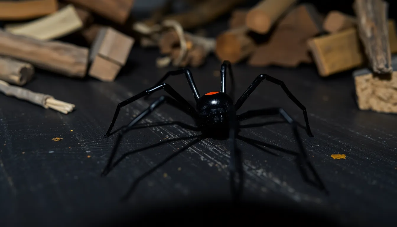 close-up of a black widow spider on dark wood.