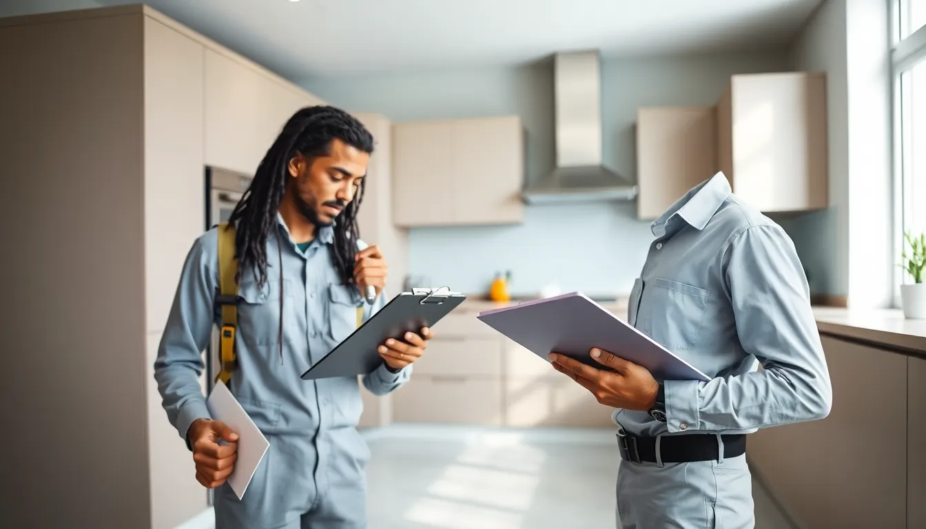 Pest control technician inspecting a kitchen for roach infestations.