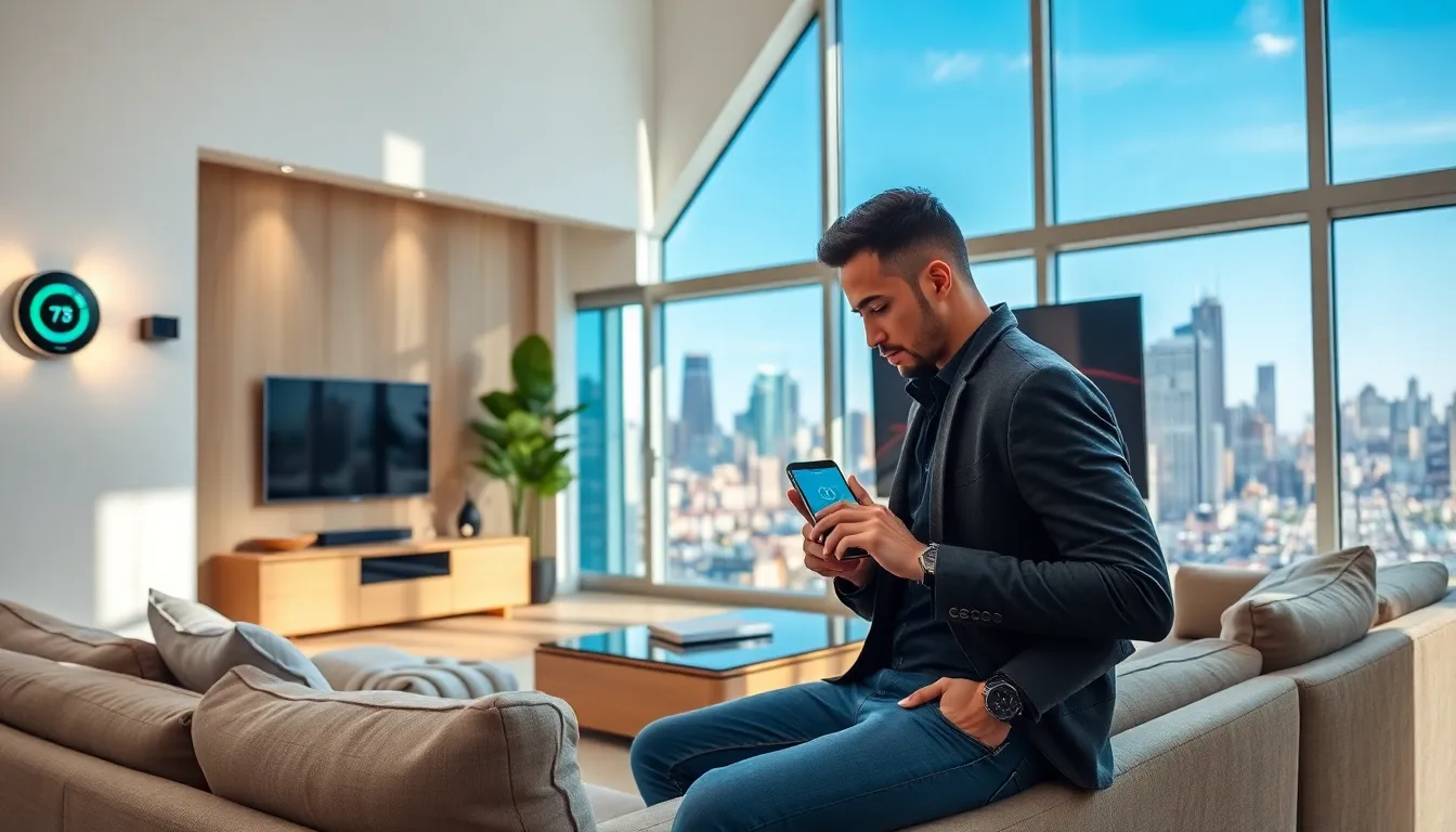 Modern living room in Chicago featuring smart home technology.