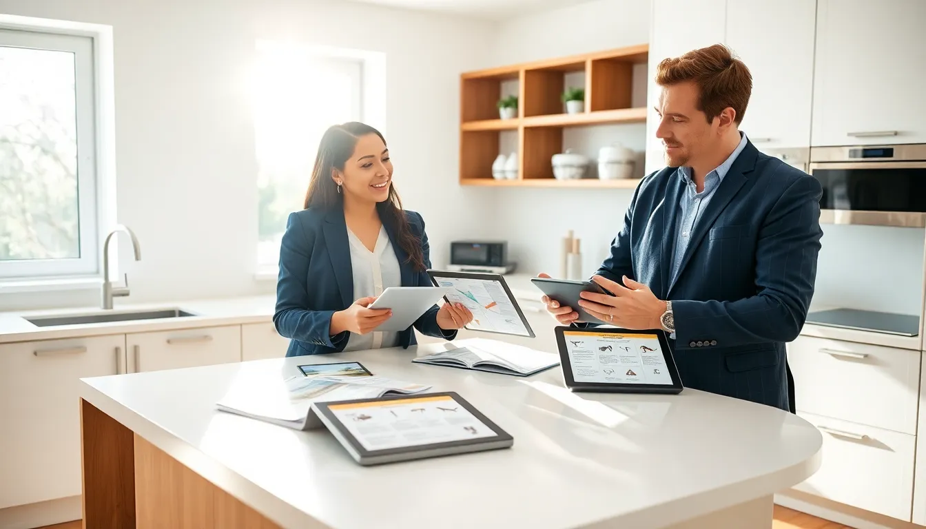 Diverse professionals discussing pest control in a modern kitchen.