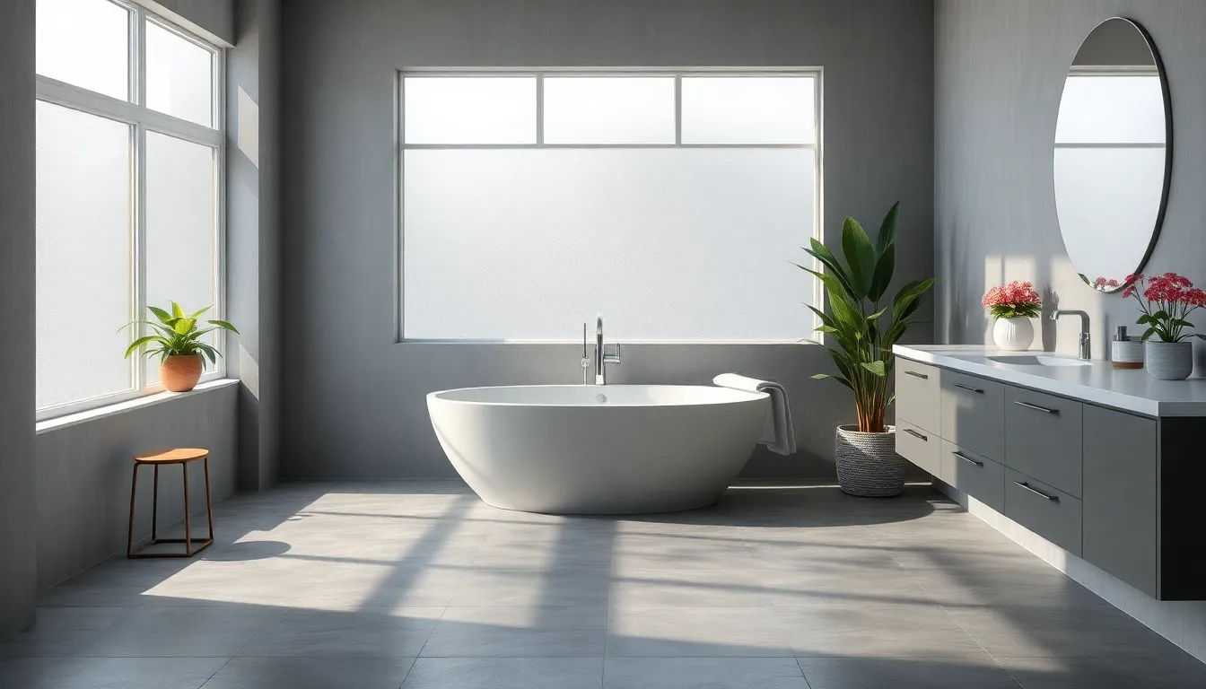 elegant gray bathroom with modern and traditional design features.