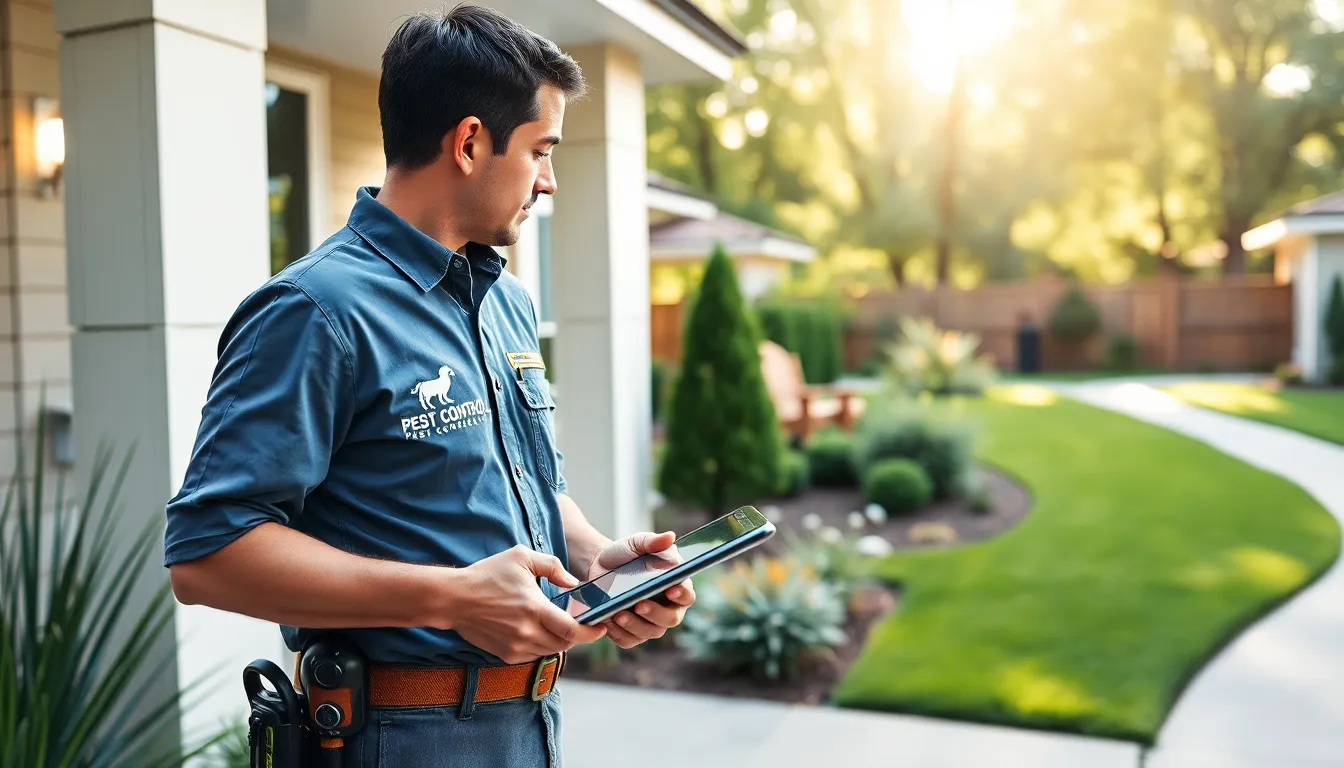 technician performing pest control inspection outside a modern home.