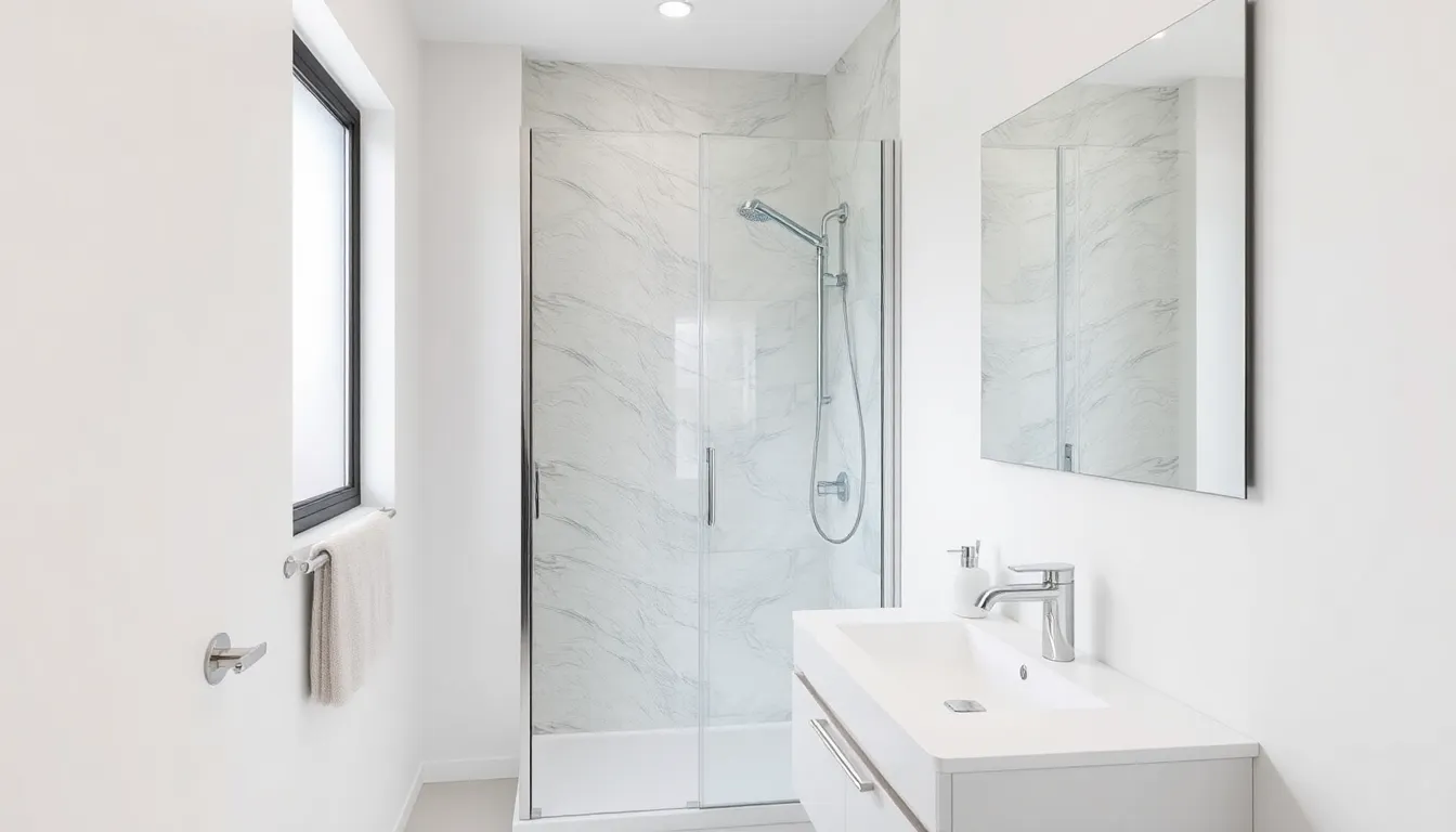 modern small bathroom with a compact glass shower.