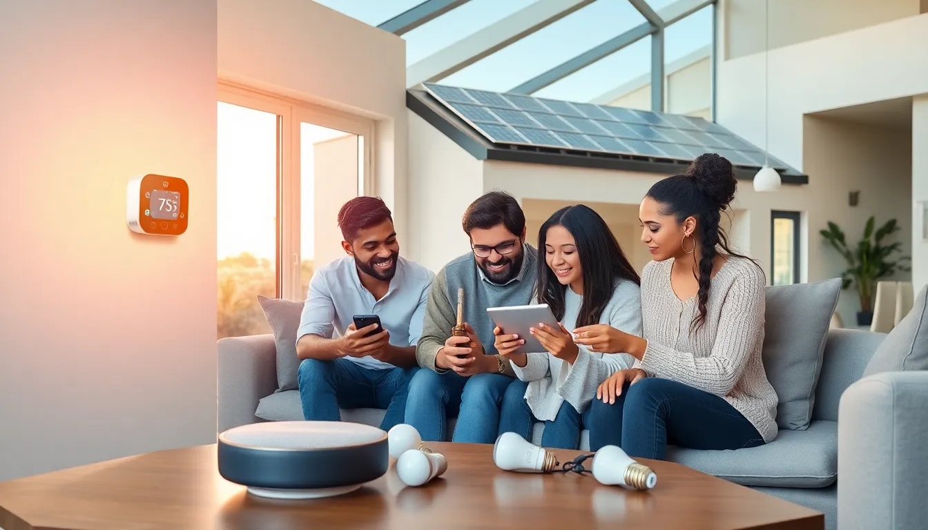 family engaging with smart home technology in a modern living room.