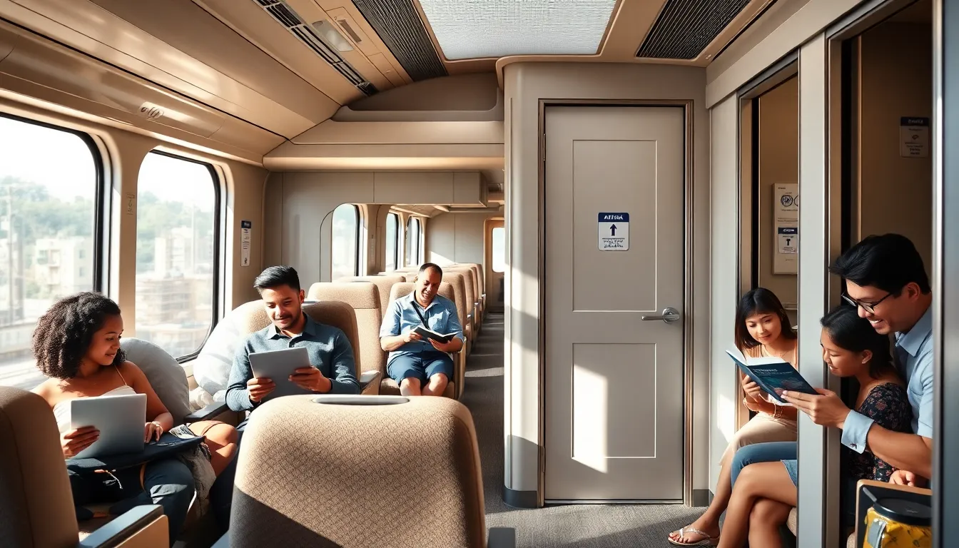interior of an Amtrak train showing comfortable seating and accessible bathroom.