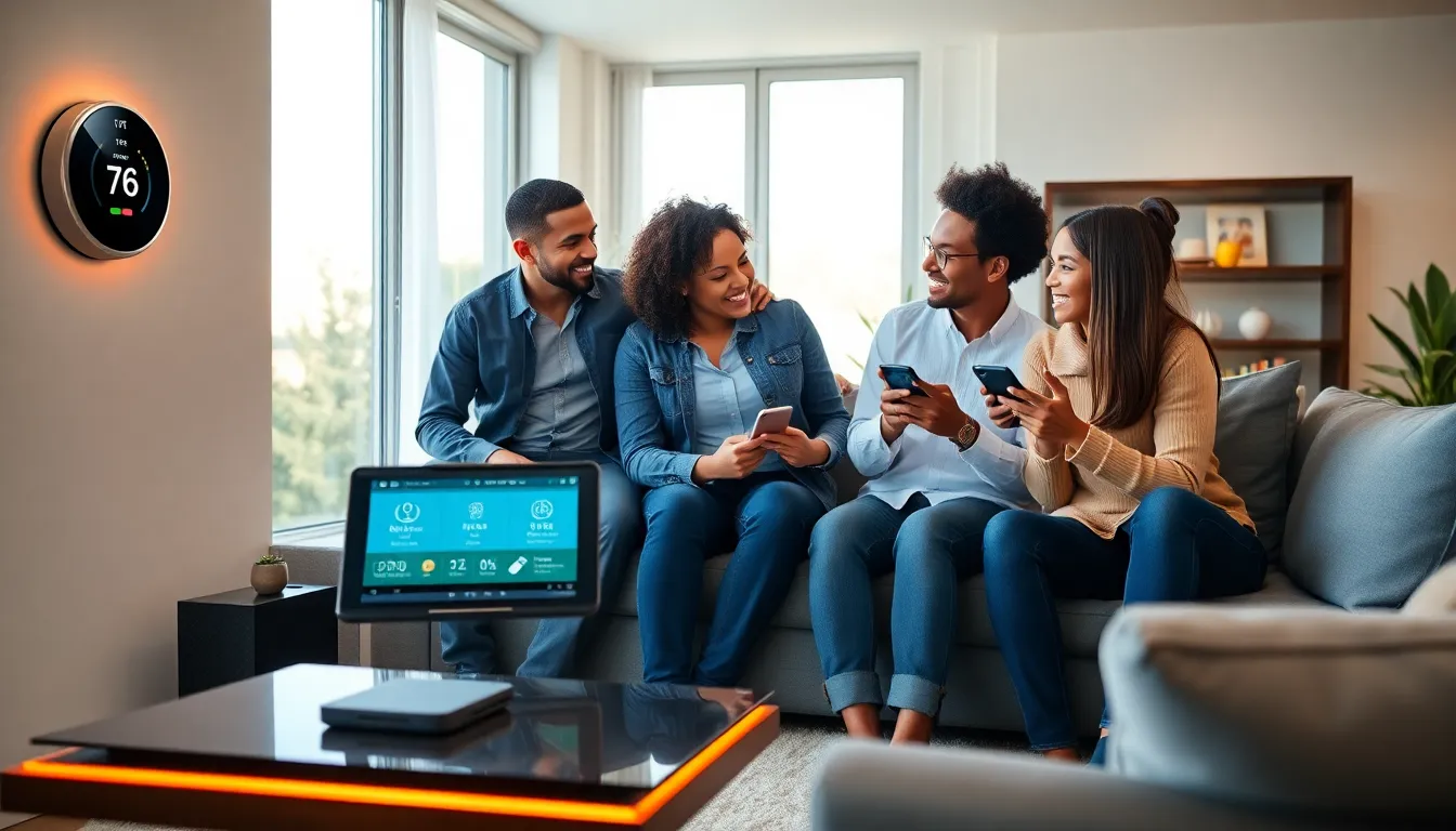 modern living room with a family demonstrating smart home technology.